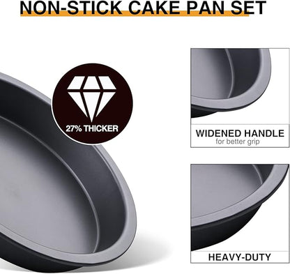 HONGBAKE Round Cake Baking Pan, 8 Inch, Shallow Cookie Pans, Layer Cake Pans with Wider Grips, Nonstick Circle Pizza Tin, Huty Duty, Dishwasher Safe, 2 Pieces- Grey