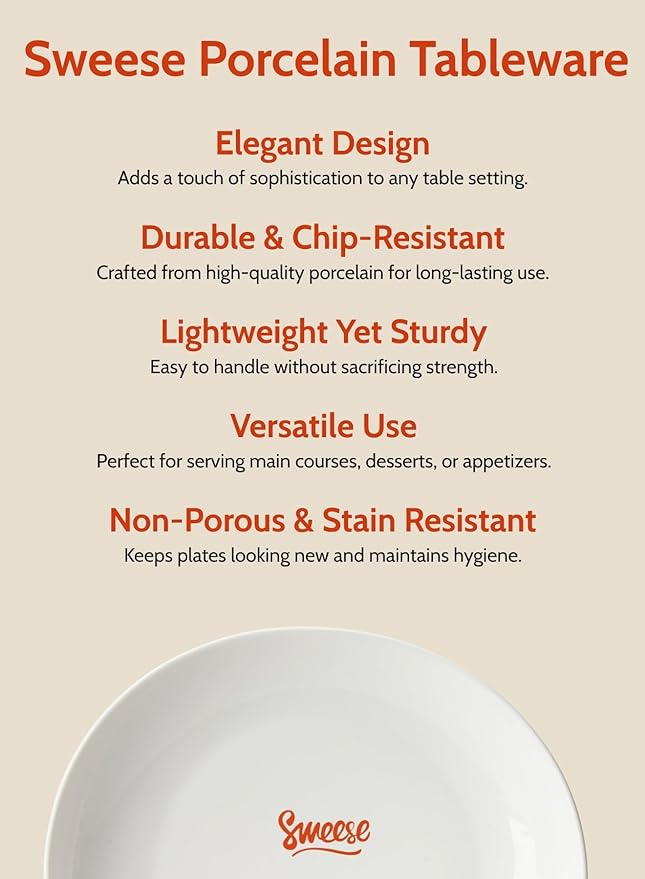 Sweese Porcelain 11 Inch Dinner Plates Set of 6 - White Dinner Plates - Dishwasher, Microwave, Oven Safe, Scratch Resistant