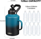 BJPKPK 1 Gallon Water Bottle with Handle, Large Dishwasher Safe 128oz Insulated Water Bottle, BPA Free Water Jug, Wide Mouth Metal Water Bottle with Anti-slip Bottom, Keep Cold & Hot,Blue & Black