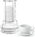 Yedio Porcelain 4 oz Espresso Coffee Cups with Saucers and Metal Stand, Porcelain White Stackable Cappuccino Cups Set of 4