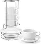 Yedio Porcelain 4 oz Espresso Coffee Cups with Saucers and Metal Stand, Porcelain White Stackable Cappuccino Cups Set of 4