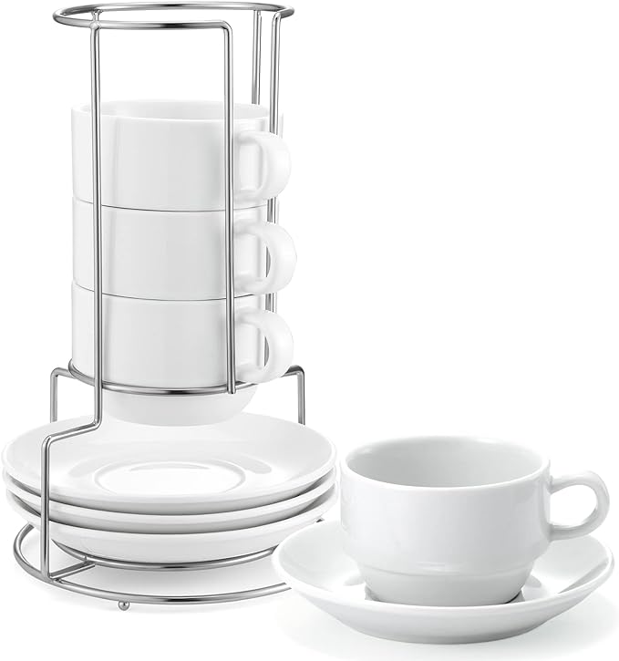 Yedio Porcelain 4 oz Espresso Coffee Cups with Saucers and Metal Stand, Porcelain White Stackable Cappuccino Cups Set of 4