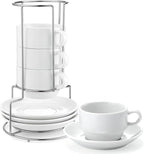 Yedio Porcelain 8 oz Coffee Cups with Saucers and Metal Stand, Porcelain Stackable Cappuccino Cups with Metal Stand, White, Set of 4