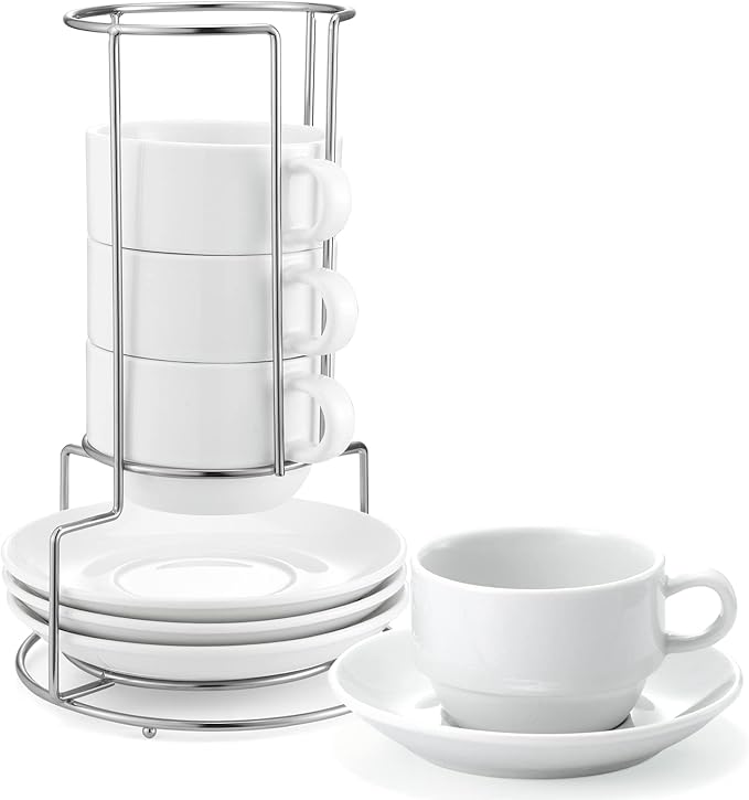 Yedio Porcelain 8 oz Coffee Cups with Saucers and Metal Stand, Porcelain Stackable Cappuccino Cups with Metal Stand, White, Set of 4