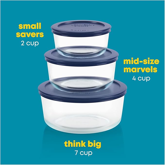 Pyrex Simply Store (3-Pack) Glass Food Storage Containers Set, (2, 4 & 7 Cup) Meal Prep Containers With BPA-Free Lids, Dishwasher & Microwave Safe