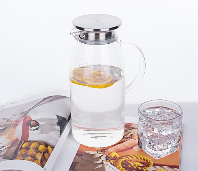 60 Ounces Glass Pitcher with Lid, Hot/Cold Water Jug, Juice and Iced Tea Beverage Carafe