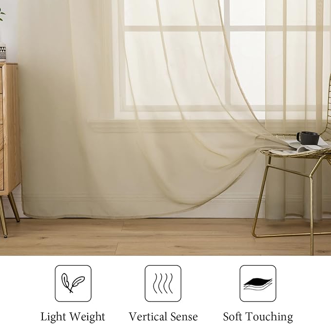 MIULEE 2 Panels Sheer Curtains for Living Room 54 X 72 Inches Beige | Window - Image 4
