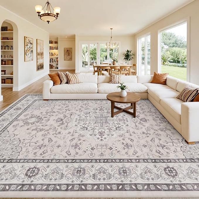 Area Rugs 9x12 Living Room: Bedroom Washable Carpet Beige & Grey | Large - Image 8