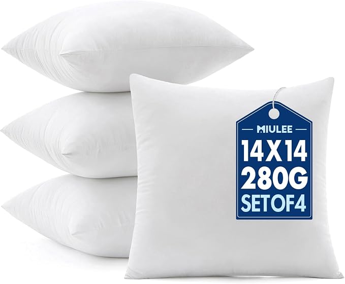 MIULEE 14x14 Pillow Inserts 4 Pack, 100% Virgin Fiber Filling Throw Pillows | by MIULEE