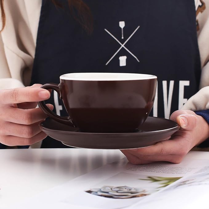 Double Espresso Coffee Cup and Saucer, Small Cappuccino and Speciality Coffee, New Bone China for Coffee Shop and Barista (Matte Brown, 5 oz)