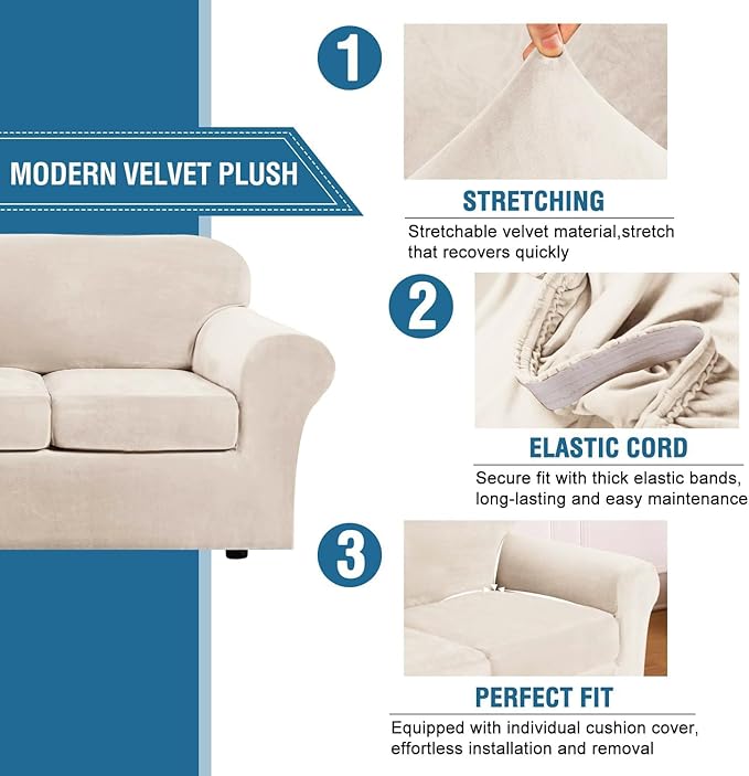 H.VERSAILTEX Modern Velvet Plush 4 Piece High Stretch Sofa Slipcover Furniture - Image 3