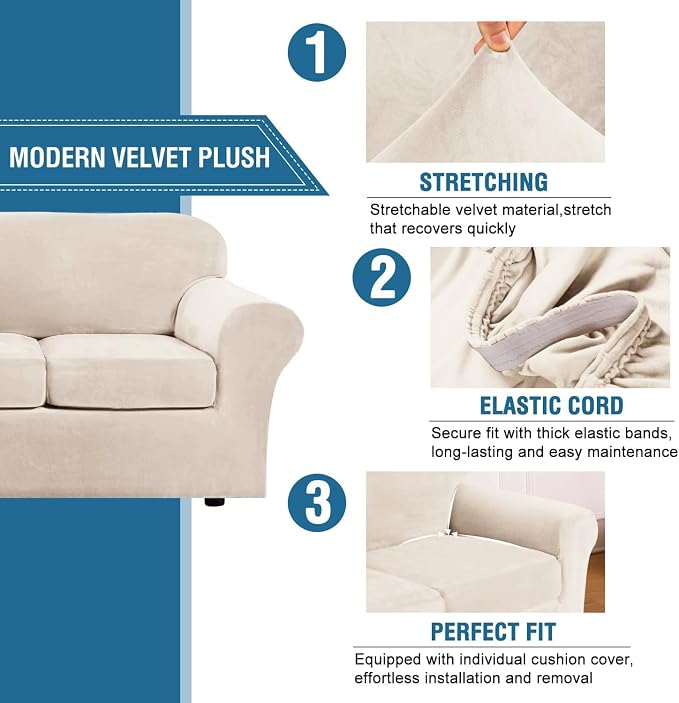 H.VERSAILTEX Real Velvet Plush 3 Piece Stretch Sofa Covers Couch Covers - Image 3