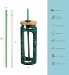 Kodrine 20oz Glass Tumbler with Straw and Lid, Iced Coffee Cups with Bamboo Lids, Glass Cups for Cold Drinks, Smoothie Cup with Silicone Sleeve for Travel, Work, BPA FREE-Green