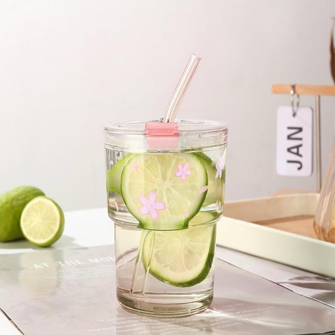 Iced Coffee Cup, 15Oz/450ml With Lids and Straws, Thick Wall Glass Mug for Tea Water, Cute Tumbler Gifts (Pink)