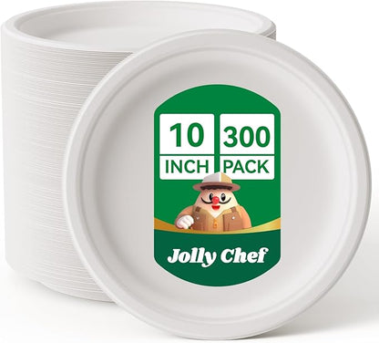 JOLLY CHEF Compostable Heavy Duty Plates 𝟭𝟬 𝗜𝗻𝗰𝗵 [𝟯𝟬𝟬 𝗣𝗮𝗰𝗸] Eco-Friendly Disposable White Paper Plates Made of Bagasse Biodegradable Bulk for Party Dinner Sugarcane Thanksgiving Day