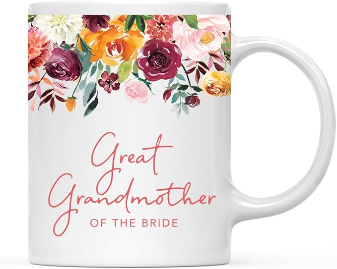 Andaz Press 11oz. Wedding Ceramic Coffee Tea Mug Gift, Fall Autumn Burgundy Orange Peach Flowers Roses Florals, Great Grandmother of the Bride, 1-Pack, Includes Gift Box