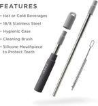 ZOKU Reusable Metal Straw with Case for Travel, Grey - Collapsible Stainless Steel Drinking Straw with Silicone Tip and Cleaner Brush, Ideal for Key Chains, Pockets, Purses
