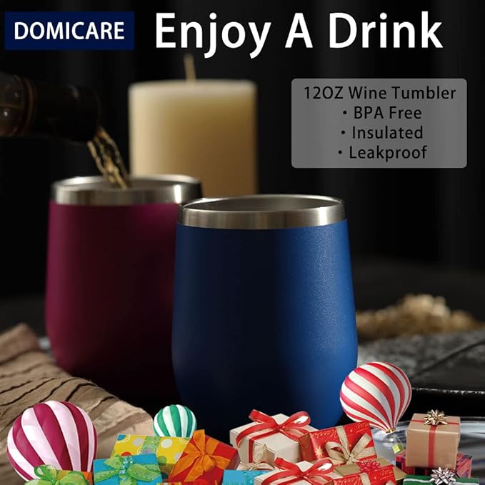 DOMICARE Stainless Steel Wine Tumbler Bulk with Lid, Personalized Insulated Tumblers Set, 12oz Travel Coffee Cups Pack of 8, Dark Blue