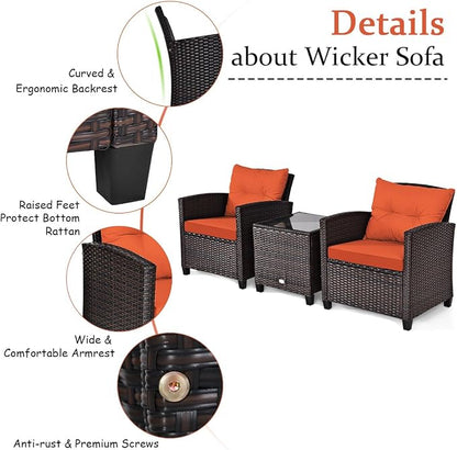 COSTWAY 3PCS Patio Furniture Set, PE Rattan Wicker Sofa w/Washable Cushion and - Image 7