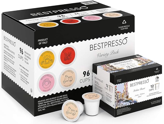 Bestpresso Coffee, Variety Pack Single Serve K-Cup Pods, 96 Count. Includes Breakfast, Colombian, Donut and Italian (Compatible With 2.0 Keurig Brewers) 8 Packs Of 12 Cups