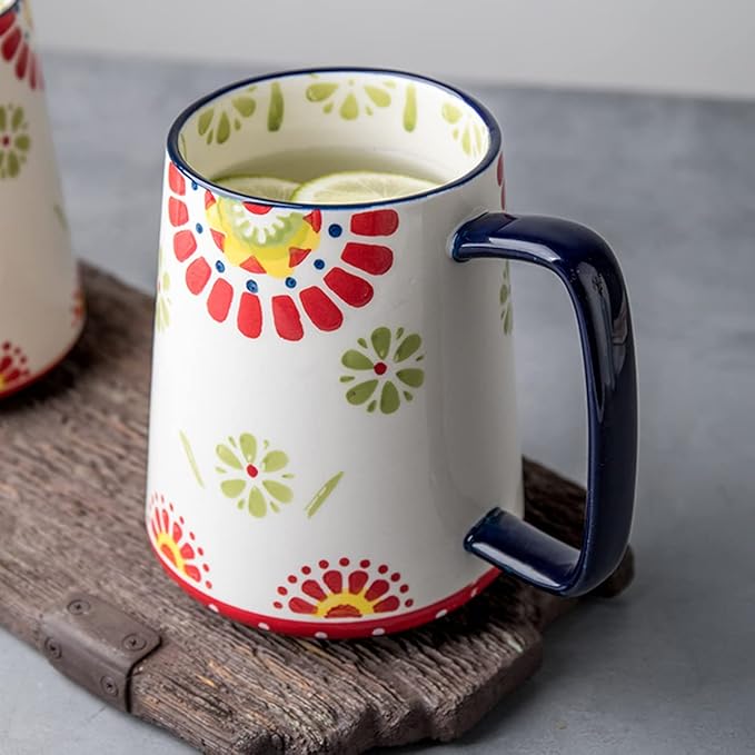 Large Ceramic Coffee Mug, 24 oz Big Tea Cup with Large Handle, Vintage Coffee Cup for Office and Home, Dishwasher and Microwave Safe (Multicolour)
