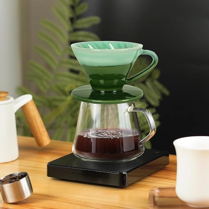 Ceramic Coffee Dripper Filter 02-4Cup Pour Over Coffee Dripper, 60 Angle Cone Ceramic Hand Brew Coffee Cup Retro Filter Set Reusable Portable Coffee Maker (Green)