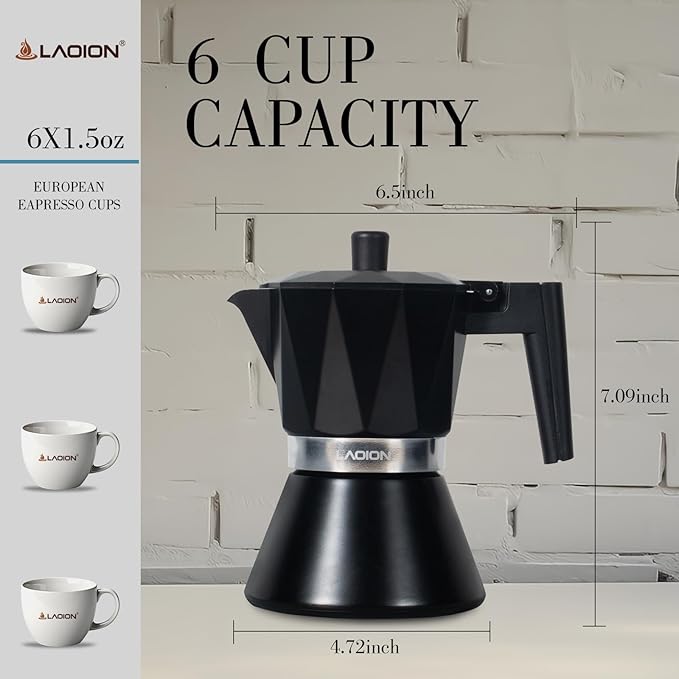 Moka Pot, 6-Cup Espresso Maker, 300ml Portable Stovetop Espresso Maker, Percolator Coffee Pot Compatible with Induction Cooktops, Suitable for Home and Camping (Black)