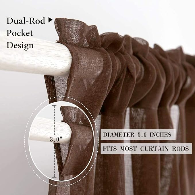 MIULEE Chocolate Brown Linen Textured Semi-Sheer Curtains 54W×96L 2 Panels | - Image 2