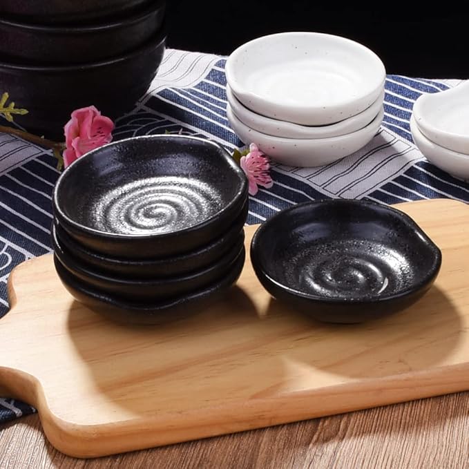 3.1 Inch Porcelain Side Dish Bowl Seasoning Dishes Soy Sauce Dishes Dipping Sauce Bowls-Set of 5,Soy Sauce Dish with Mouth (Black)
