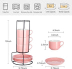 YOLIFE 8oz Porcelain Stackable Cappuccino Cups with Saucers and Metal Stand Set of 4, Coffee cups for Espresso, Specialty Coffee Drinks, Latte, Americano and Tea - Pink