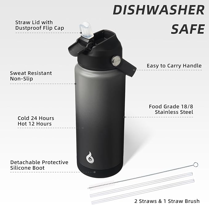 BJPKPK Water Bottle with Straw Lid, 24oz Vacuum Insulated Water Bottles, Metal Stainless Steel Thermos for Sports, Travel, BPA Free Leak Proof Thermos, Cups, Flasks, Tumblers,Black Grey