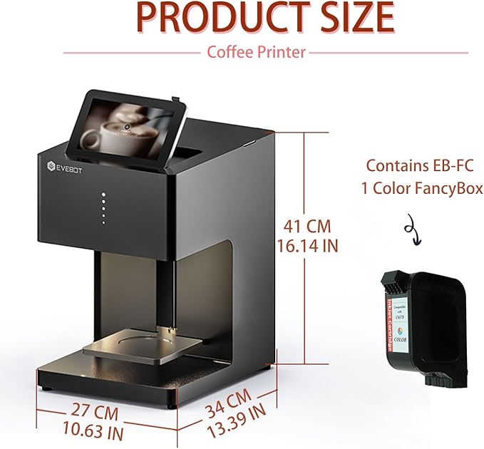 Coffee Latte Art Machine EB-FC1 Food-Grade Coffee Printer with Camera Customized Multi-Color Selfie Photo Printing DIY Cake Personalized Decoration for Cafes Museums, Color FancyBox - Black