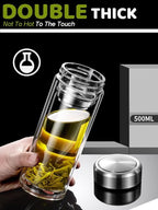 17oz Tea Tumbler with Infuser, 500ml Double Wall Borosilicate Glass Tea Bottle 100% Leak-Proof with 2 in 1 Stainless Steel Filter