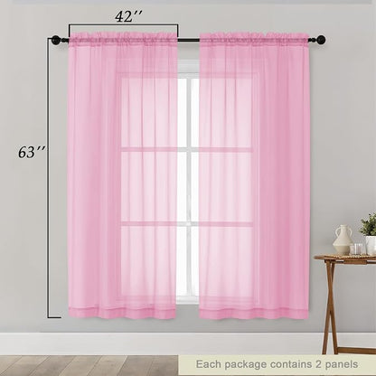 Sheer Pink Curtains for Bedroom Living Room 63 Inch Length 2 Panels, Airy Soft - Image 2