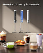 Maestri House Rechargeable Milk Frother with Stepless Speed Control, Handheld Electric Foam Maker Waterproof Drink Mixer Foamer with Stainless Steel Stand & Detachable Whisks for Lattes, Cappuccino