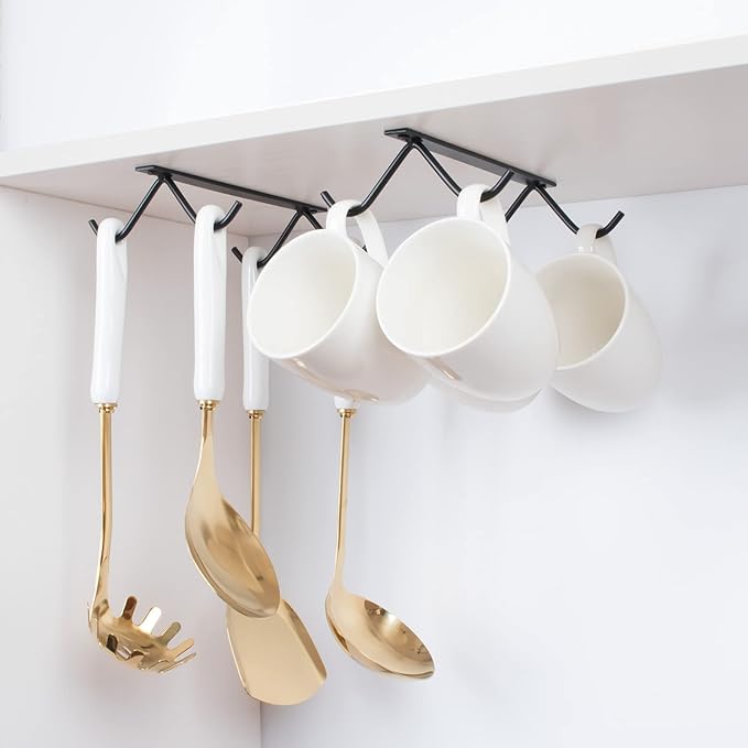 Cabinet Hook Mug Holder - Hanging Coffee Cup Rack for Kitchen, Under Cabinets Metal Hangers Organizer Shelf Storage Utensil (Black)
