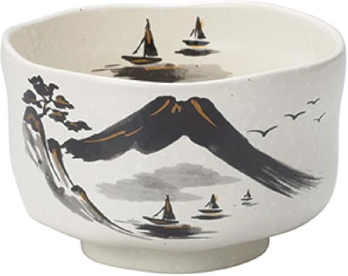 Japanese Traditional Handcrafted Matcha Chawan Tea Bowl Cup Ceremony Tableware Pottery (Kinsai Sansuiga Hiyori Wan)