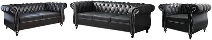 3 Piece Living Room Set, Chesterfield Leather Sofa Loveseat Couch Chair - Image 9