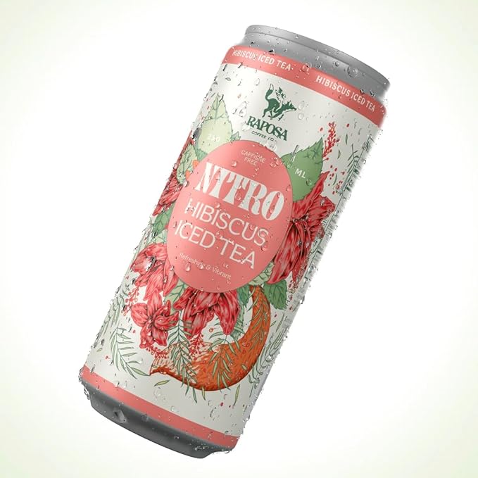 Raposa Nitro Cold Brew Hibiscus Iced Tea Ready to Drink 250ml - 8.45oz - Dairy Free - Vegan Tea Cold brew ready to drink, Non GMO, No Artificial Anything - Caffeine-Free (Hibiscus)