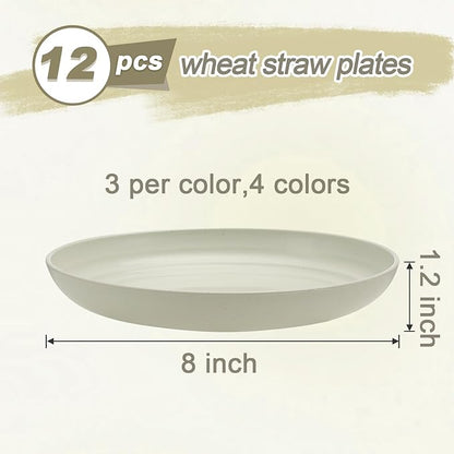 12 Pcs Unbreakable Deep Dessert Plates Set, 8 inch Reusable Plastic Wheat Straw Plates, Microwave and Dishwasher Safe Plate for Kitchen, Lightweight Plate for Dessert, BPA Free, 4 Colors