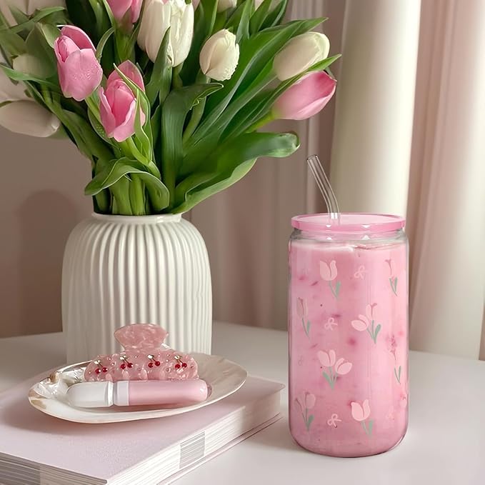 SANDJEST Floral Glass Can, Tulip Iced Coffee Aesthetic Cup, Gift for Christmas Birthday, Gifts for Women Girls, 16oz