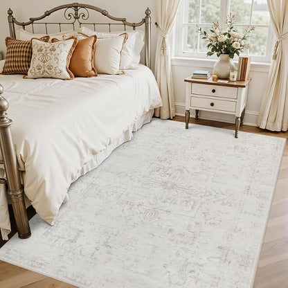 5x7 Area Rugs Living Room: Bedroom Washable Carpet Neutral Cream | Large - Image 2