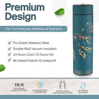 Farasi Tea Infuser for Loose Leaf Tea Smart Water Bottle with Fahrenheit Temperature Display, Stainless Steel Insulated Coffee and Fruit Tea Infuser Bottle - Green Floral Travel Tea Mug 15 oz