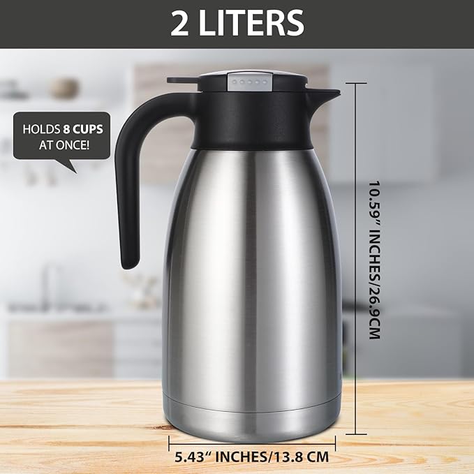 Heritage66 Thermal Coffee Carafe Dispenser, Triple Wall Stainless Steel, Vacuum Insulated, 34 oz/1 Liter, Keeps Hot 12 Hours (2 Liter / 68 Oz)