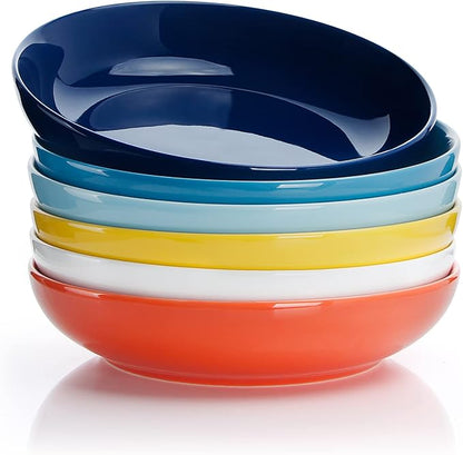 Sweese Pasta Bowls, 30 Ounce Salad Serving Bowls Set of 6, 8.4 Inch Porcelain Plates for Serving Dinner, Salad - Microwave Dishwasher Safe, Hot Assorted Colors