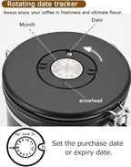 Coffee Canister Airtight Storage Container 1.8L Stainless Steel Air Tight Coffee Jar with Scoop, Date Tracker CO2 Release Valve for Dry Food, Beans, Ground, Tea, Flour, Cereal and Sugar (Silver)