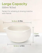 Matcha Bowl and Whisk Holder Set, Ceramic Tea Bowl and Whisk Stand, Matcha Tea Mixing Bowl with Spout (18 Ounce), Whisk Rest, Ivory White