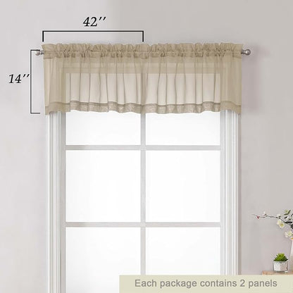 Taupe Valances for Windows, Taupe Sheer Curtains 14 Inch Length 2 Pack Kitchen - Image 2