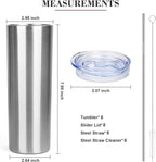 20 oz Skinny Tumblers with Lid and Straw,Stainless Steel Vacuum Insulated Tumbler Cup Double Wall Travel Coffee Mug, Thermal Water Tumbler for Hot and Cold Drinks(Silver,8)