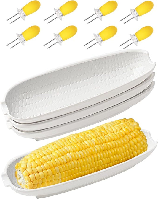 Ceramic Corn Cob Holders, 9" Corn on the Cob Dishes Set of 4, White Corn Cob Dishes with Non-Slip Bottom, With 8 Corn Cob Holders, Microwave Dishwasher Oven Safe